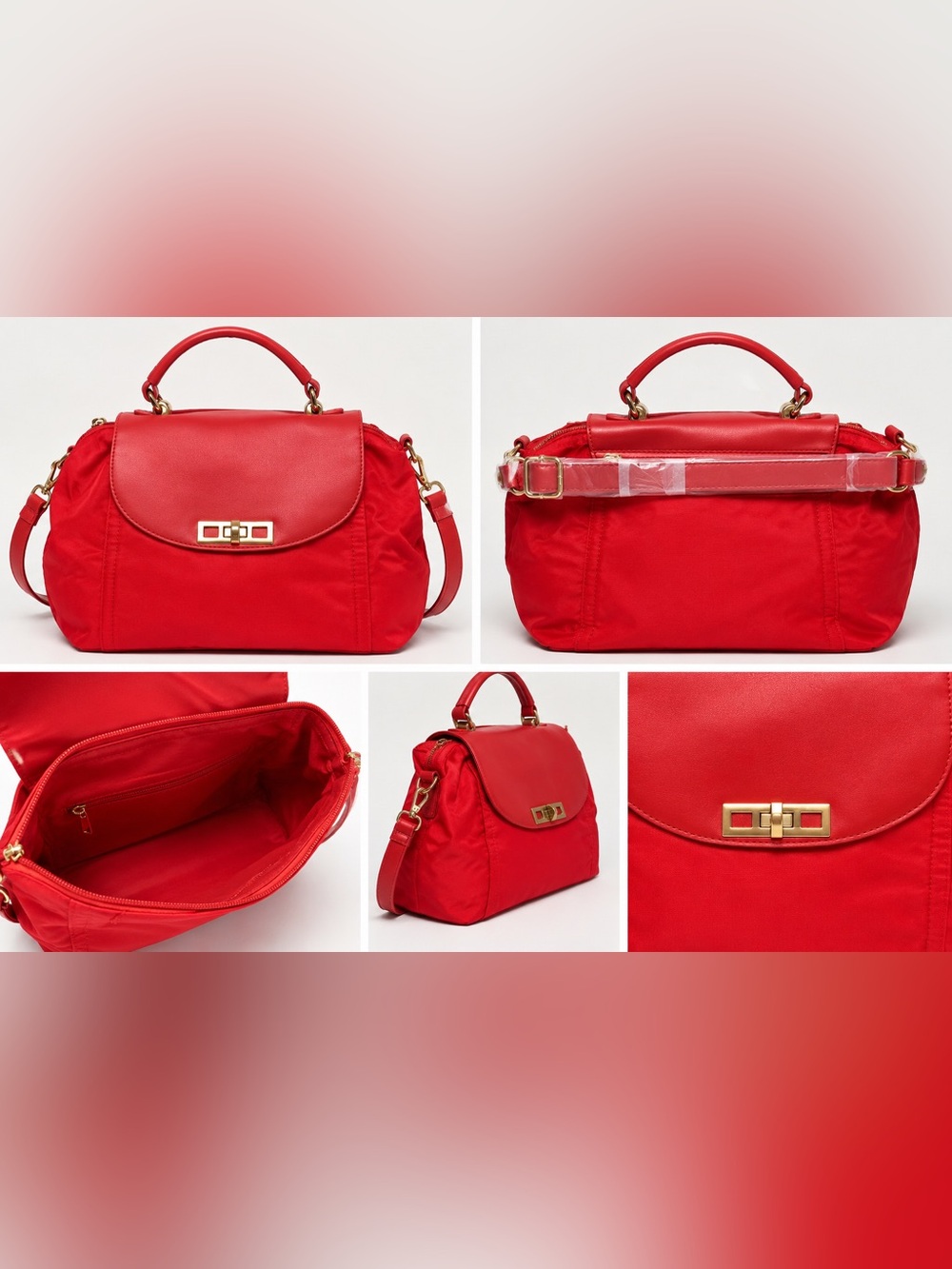 Red Nylon Satchel Handbag Gold Hardware Top Handle Crossbody Purse NWT
